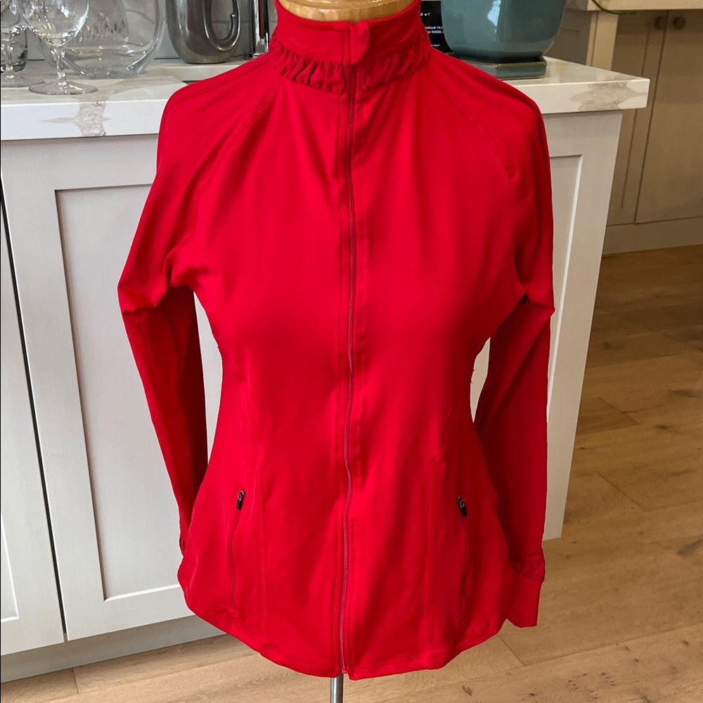 SPANX Active Contour Jacket Vibrant Red zip Front ruched collar and cuff detail - Picture 4 of 15